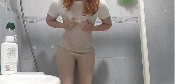  White shirt and tights shower with a redhead!
